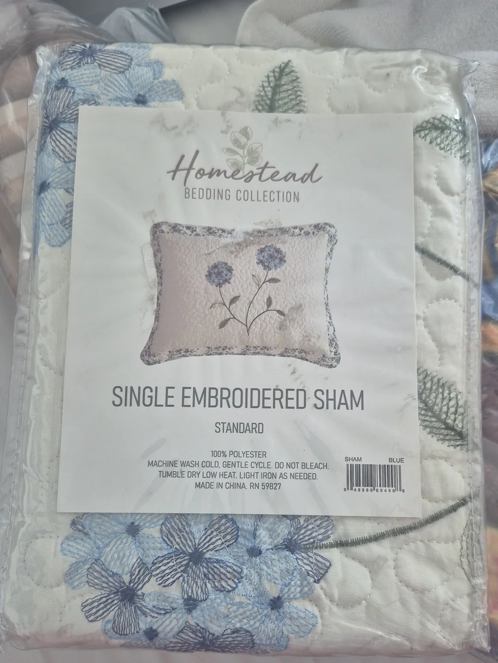 Carnation Standard Sham Bedspread, Lightweight Quilted Embroidered, Blue